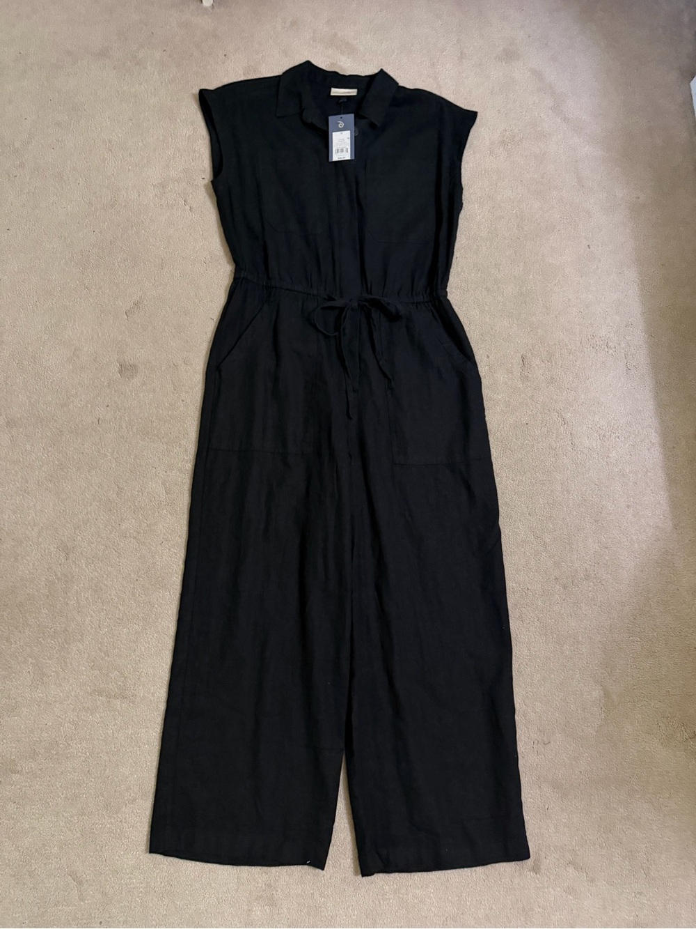 Universal Thread Black Sleeveless Collared Linen Jumpsuit with Tie Waist